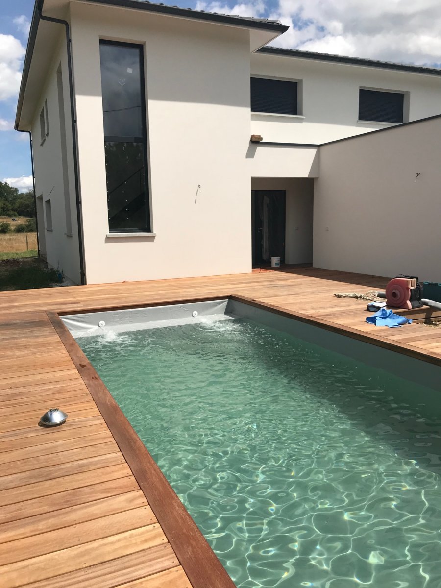 Bassin 6x3, liner 75/100eme, gris clair, terrasse cumaru